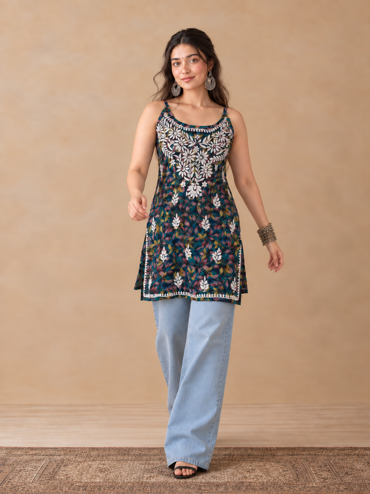 Juhi Short Mulmul Chikankari Strappy Kurti for Women