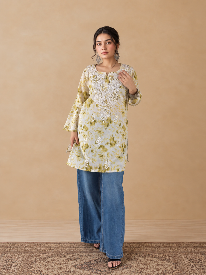Vini Mulmul Print Chikankari Short Kurti