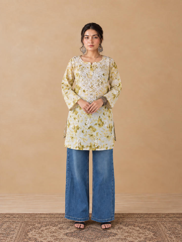 Vini Mulmul Print Chikankari Short Kurti