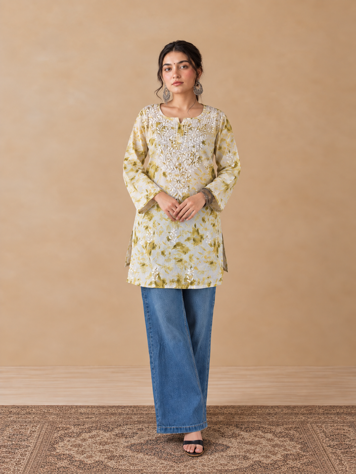 Vini Mulmul Print Chikankari Short Kurti