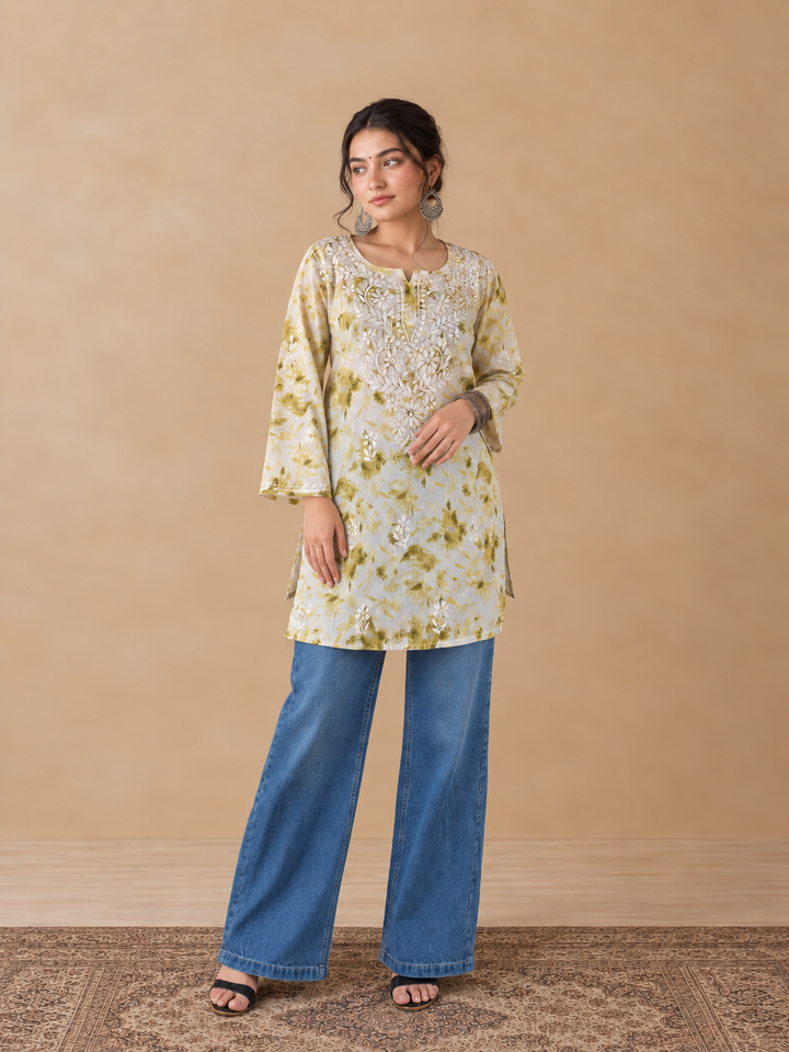 Vini Mulmul Print Chikankari Short Kurti
