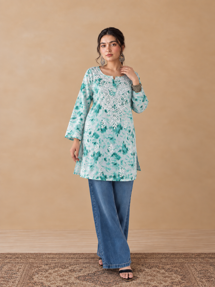 Vini Mulmul Print Chikankari Short Kurti