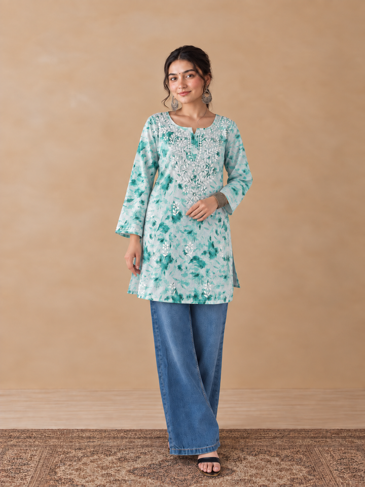 Vini Mulmul Print Chikankari Short Kurti