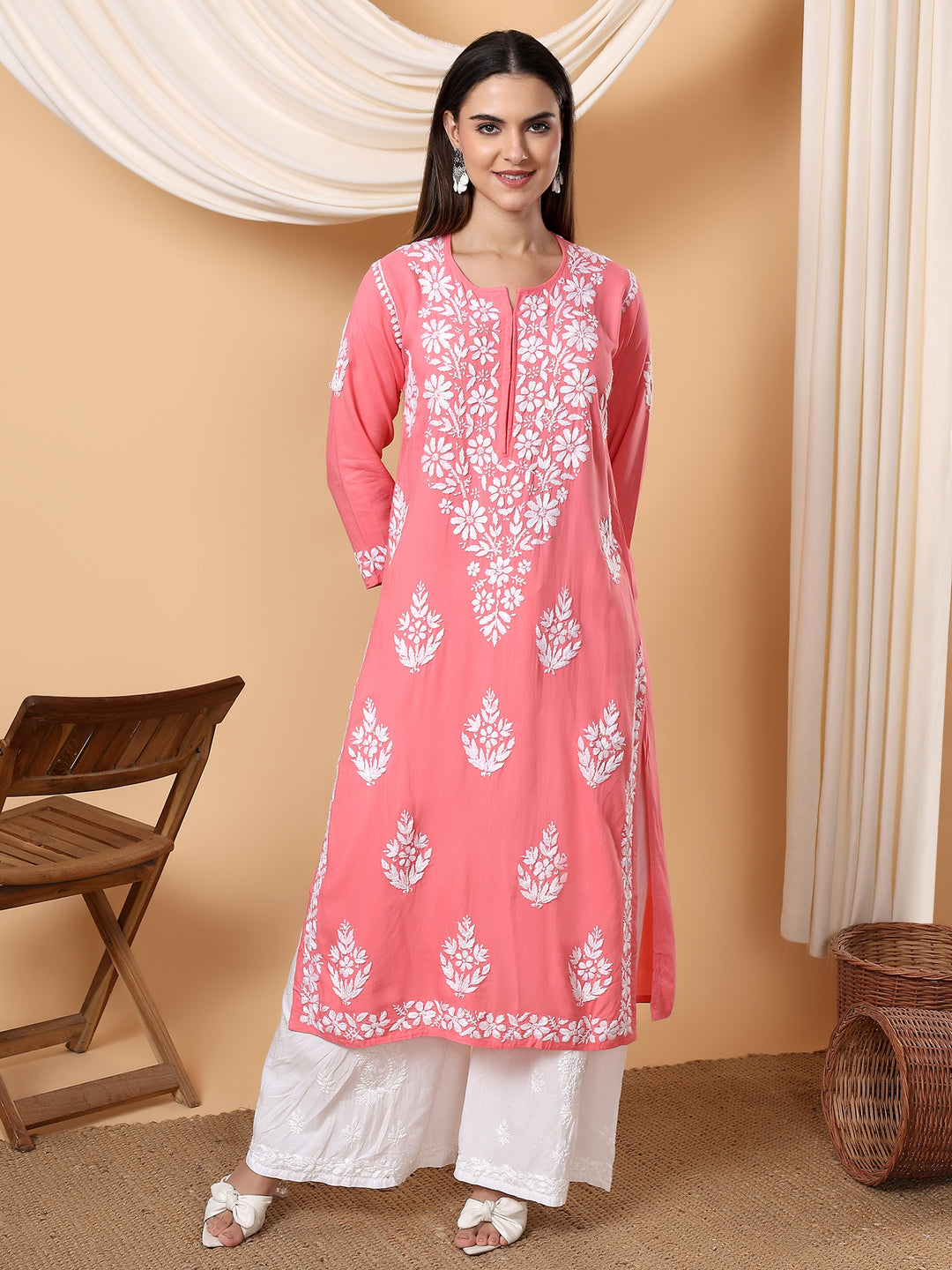 EthnicJunction Women's Orange Georgette Kurta With Chikankari Embroidery - Knee-Length Straight Fit