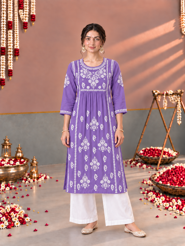 Sonia Chikankari Rayon Nyra-Cut Kurta