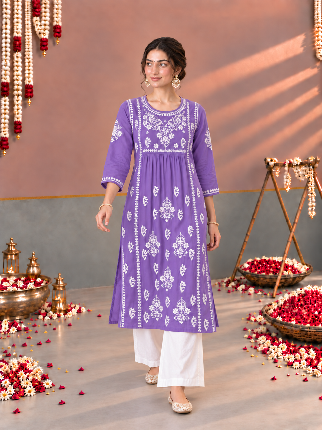 Sonia Chikankari Rayon Nyra-Cut Kurta
