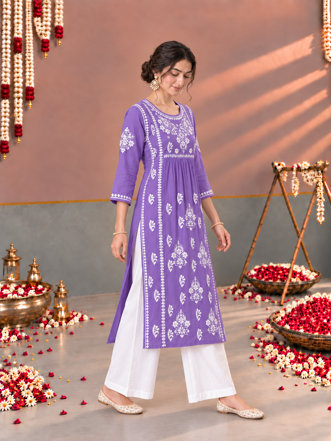 Sonia Chikankari Rayon Nyra-Cut Kurta