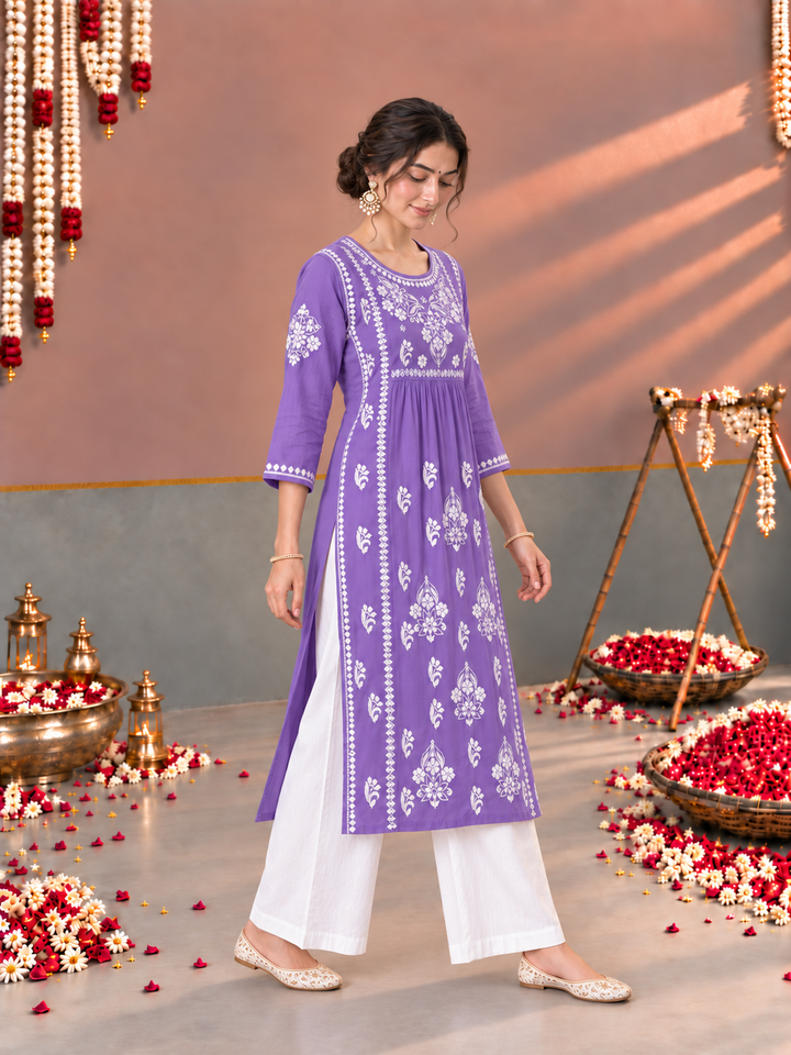 Sonia Chikankari Rayon Nyra-Cut Kurta