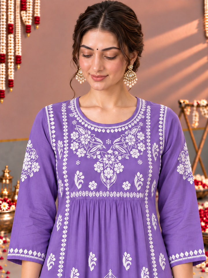 Sonia Chikankari Rayon Nyra-Cut Kurta