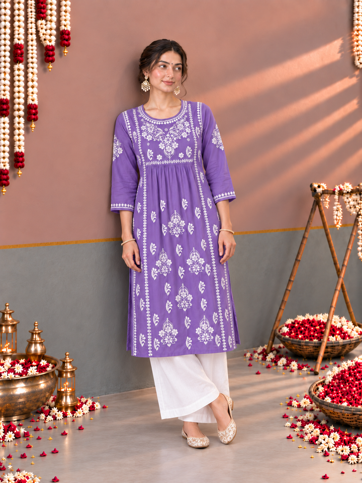 Sonia Chikankari Rayon Nyra-Cut Kurta