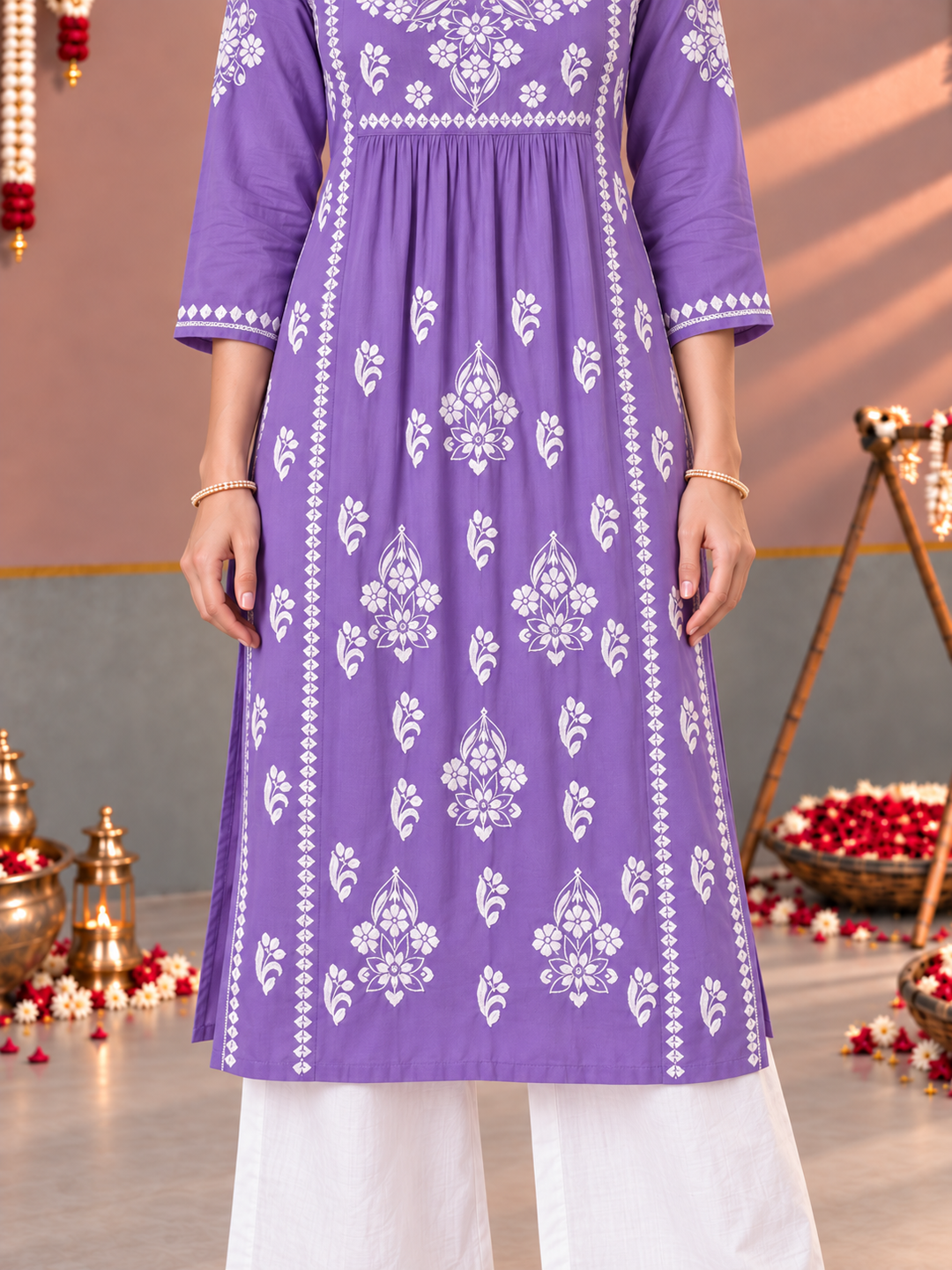 Sonia Chikankari Rayon Nyra-Cut Kurta