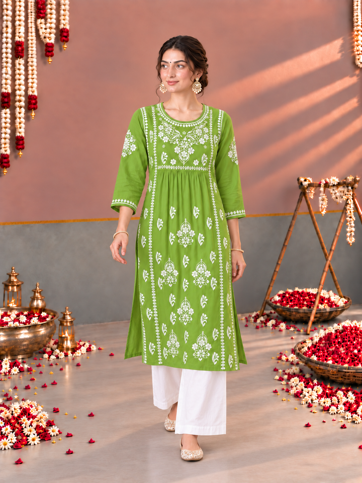Sonia Chikankari Rayon Nyra-Cut Kurta