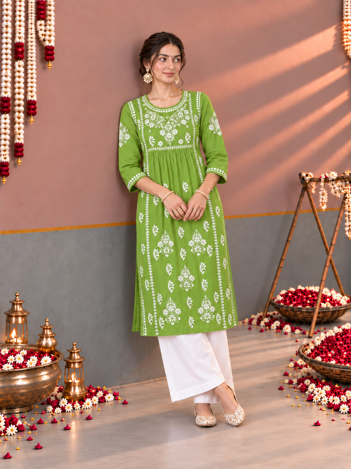 Sonia Chikankari Rayon Nyra-Cut Kurta