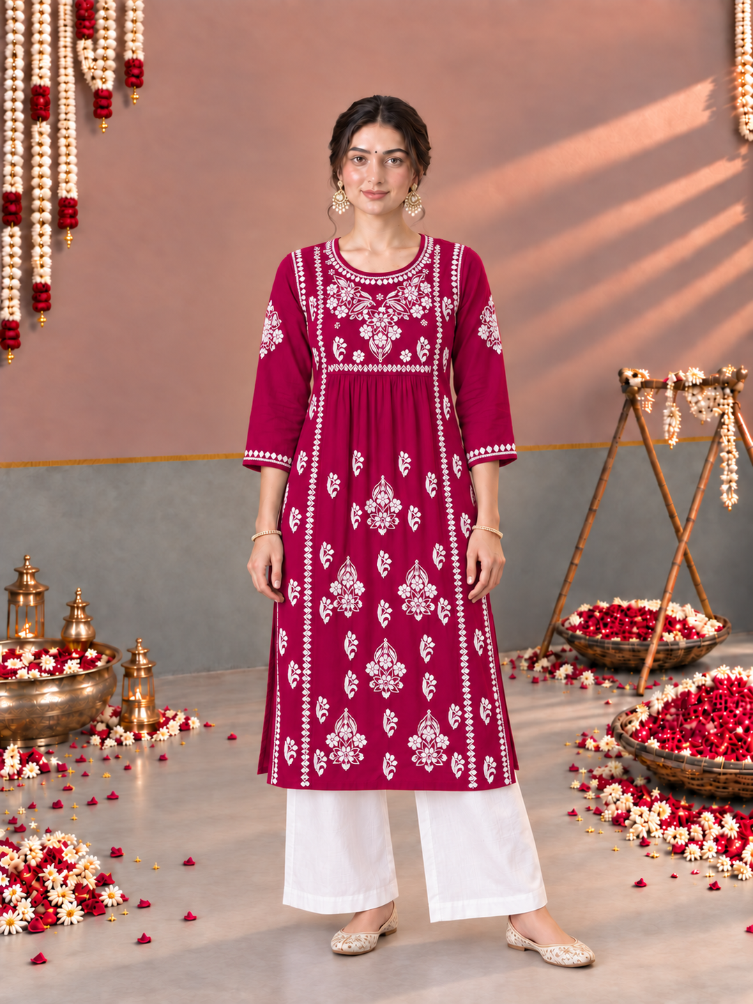 Sonia Chikankari Rayon Nyra-Cut Kurta