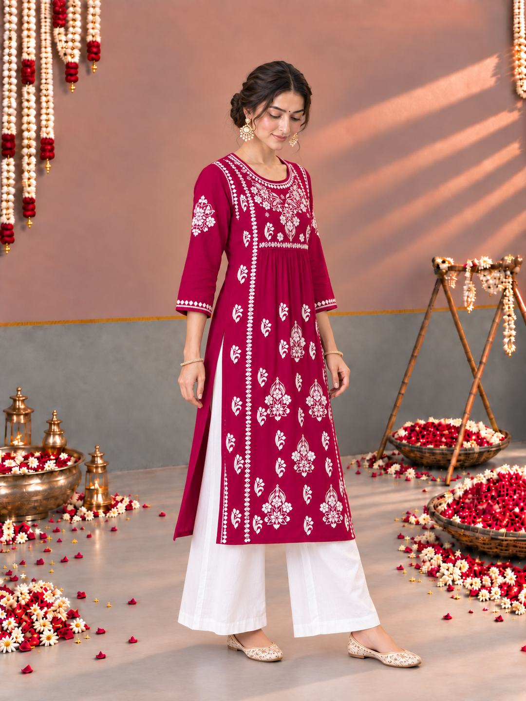 Sonia Chikankari Rayon Nyra-Cut Kurta