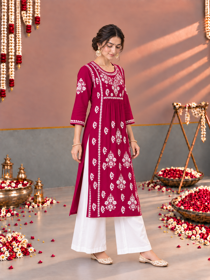 Sonia Chikankari Rayon Nyra-Cut Kurta