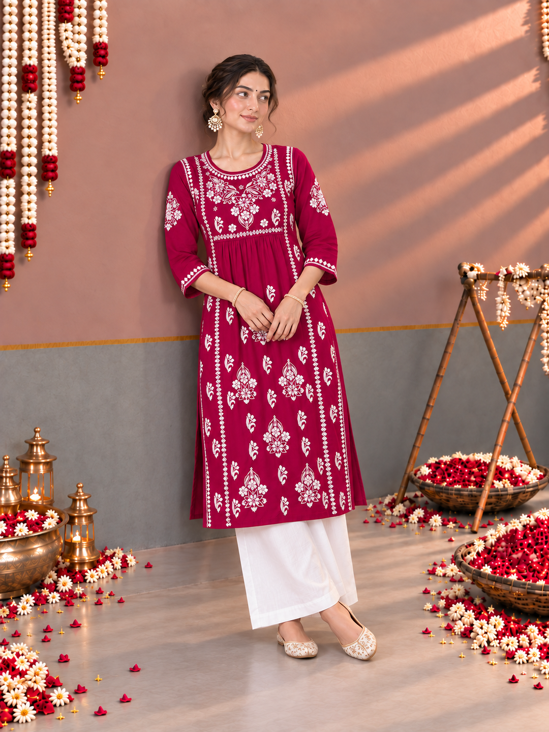 Sonia Chikankari Rayon Nyra-Cut Kurta