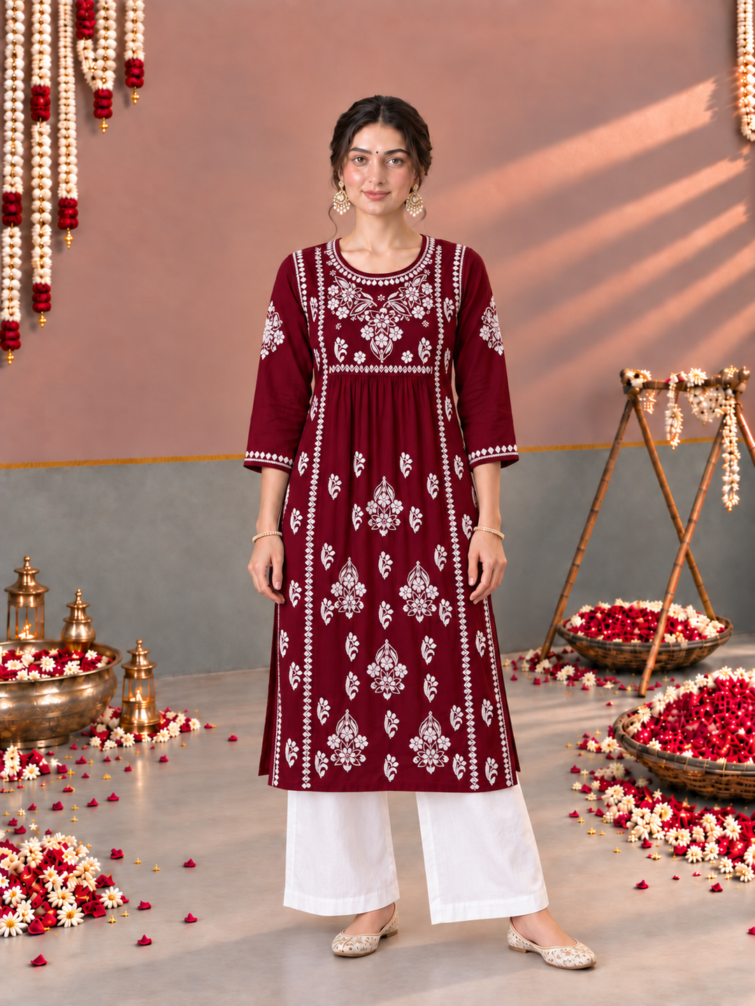 Sonia Chikankari Rayon Nyra-Cut Kurta