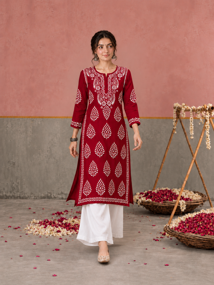 Nazm Chikankari Rayon Straight Kurta