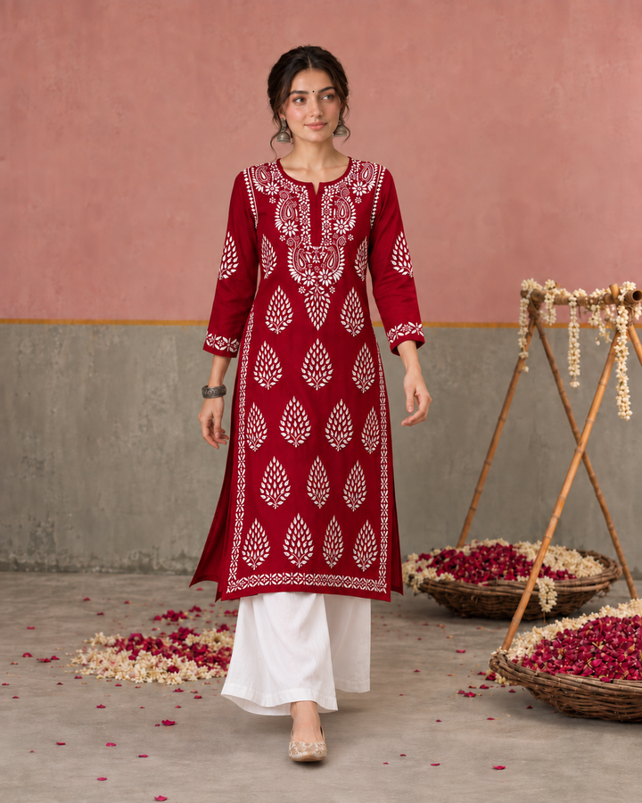 Nazm Chikankari Rayon Straight Kurta