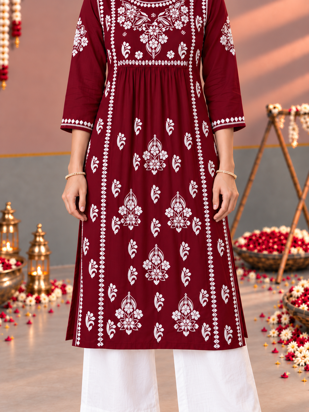 Sonia Chikankari Rayon Nyra-Cut Kurta
