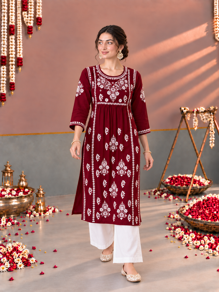 Sonia Chikankari Rayon Nyra-Cut Kurta