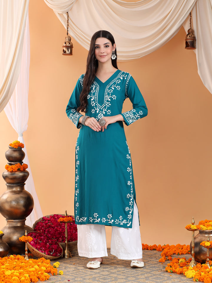 Maya Chikankari Rayon V-neck Straight Kurta