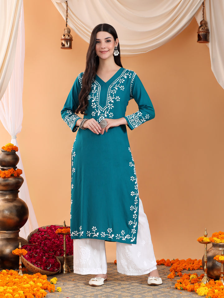 Maya Chikankari Rayon V-neck Straight Kurta