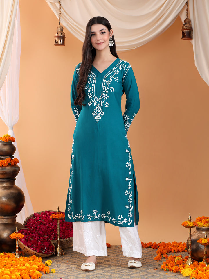 Maya Chikankari Rayon V-neck Straight Kurta