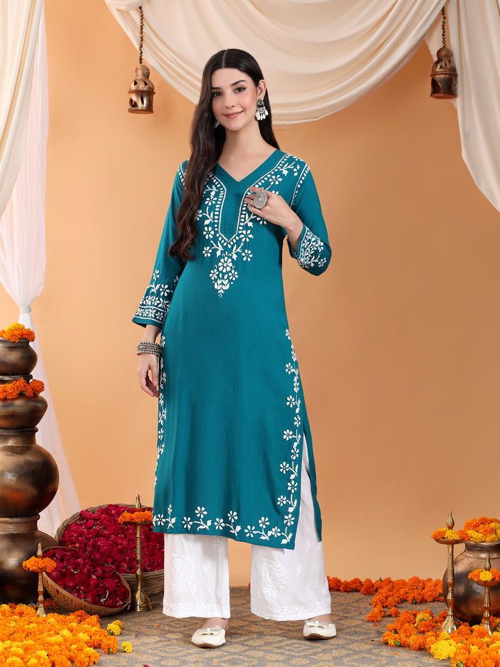 Maya Chikankari Rayon V-neck Straight Kurta