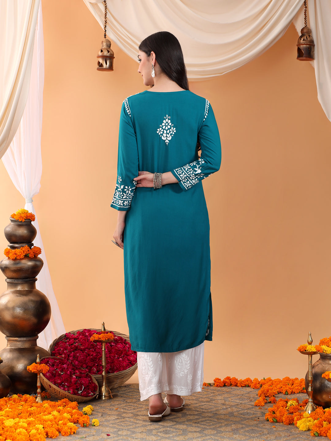 Maya Chikankari Rayon V-neck Straight Kurta