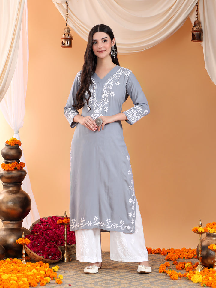 Maya Chikankari Rayon V-neck Straight Kurta