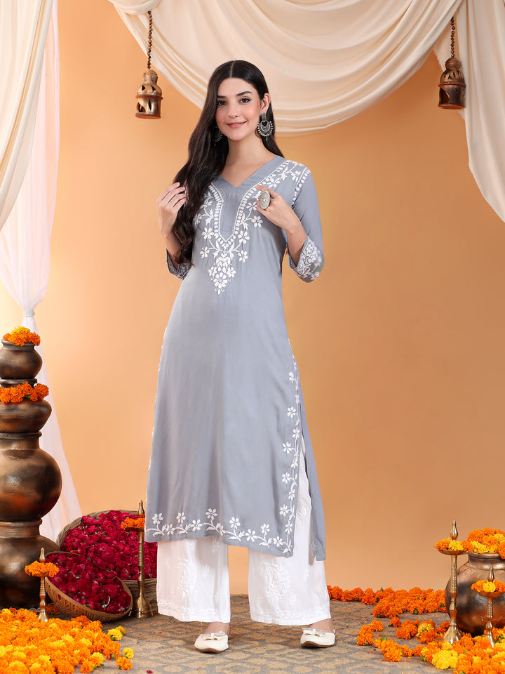 Maya Chikankari Rayon V-neck Straight Kurta
