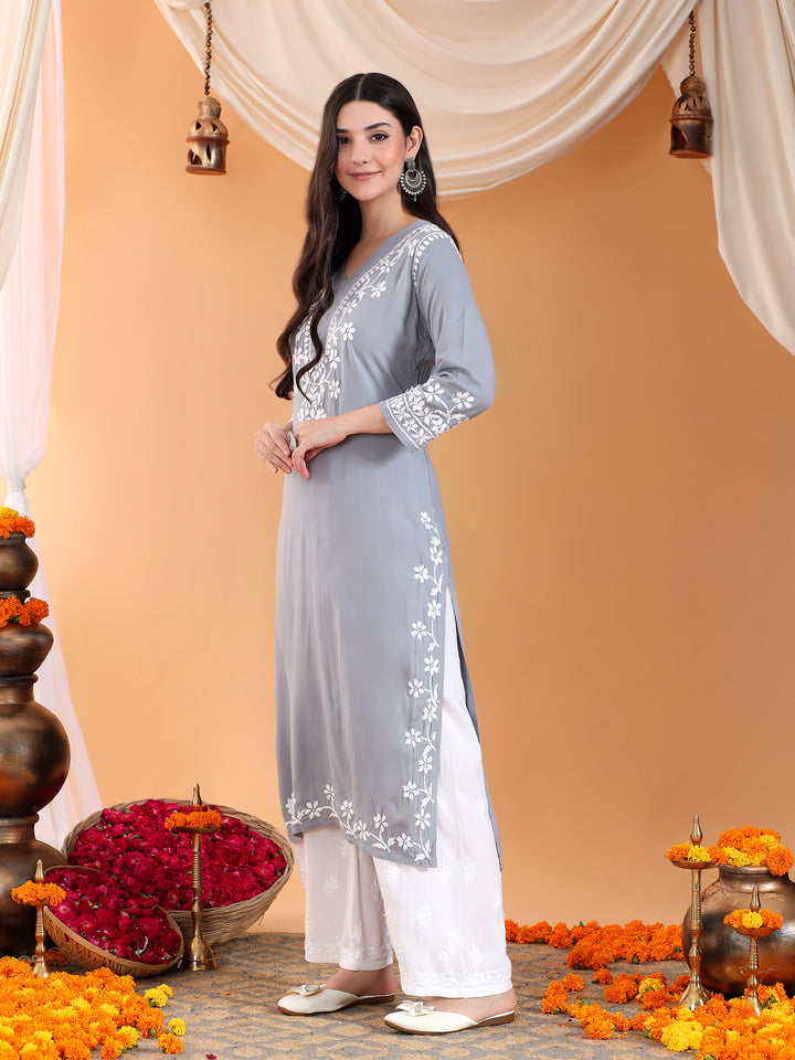 Maya Chikankari Rayon V-neck Straight Kurta