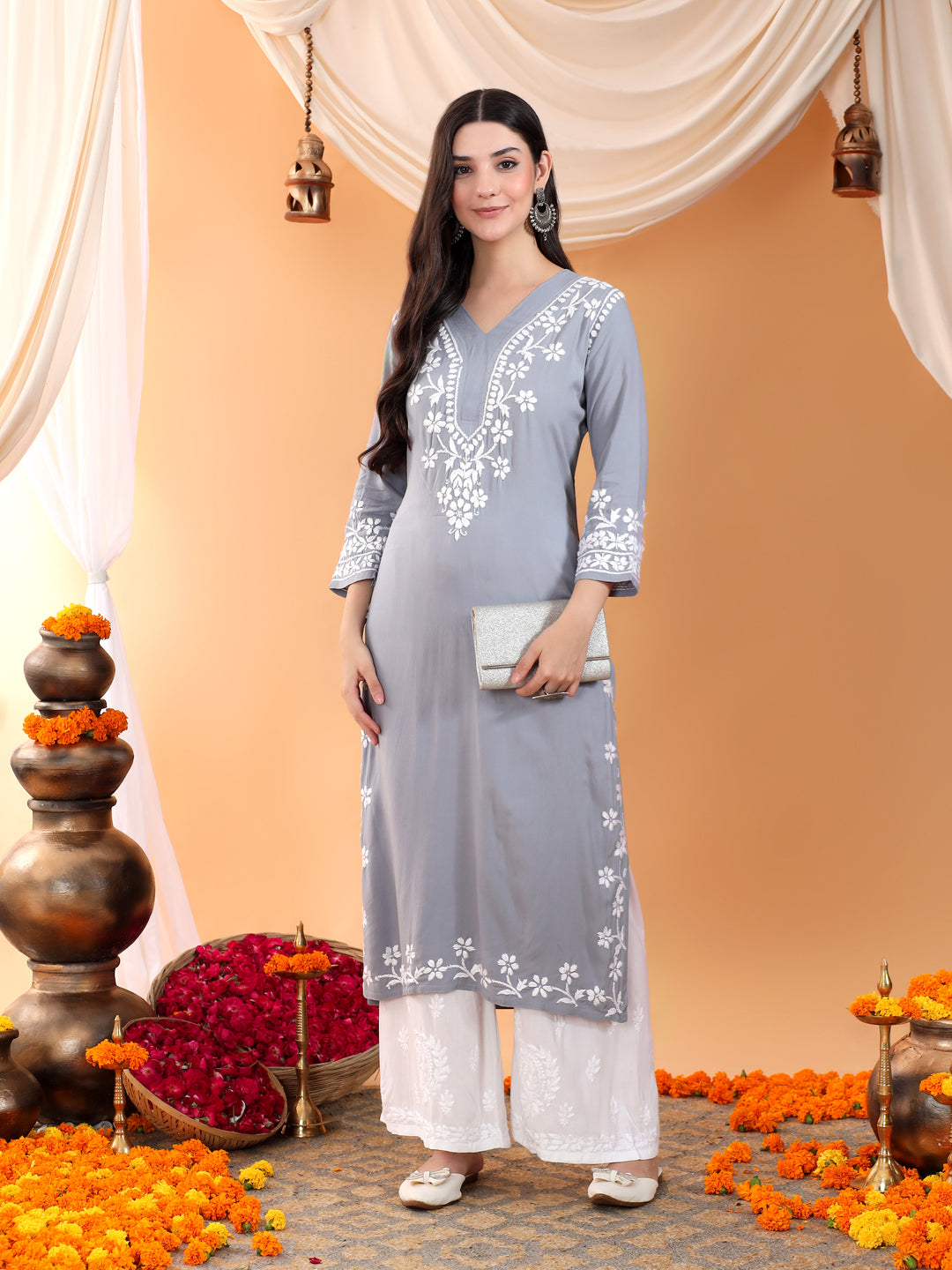 Maya Chikankari Rayon V-neck Straight Kurta