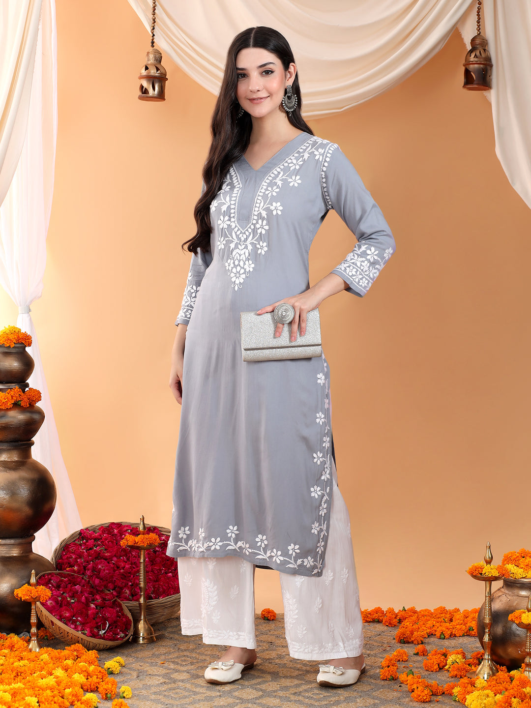 Maya Chikankari Rayon V-neck Straight Kurta