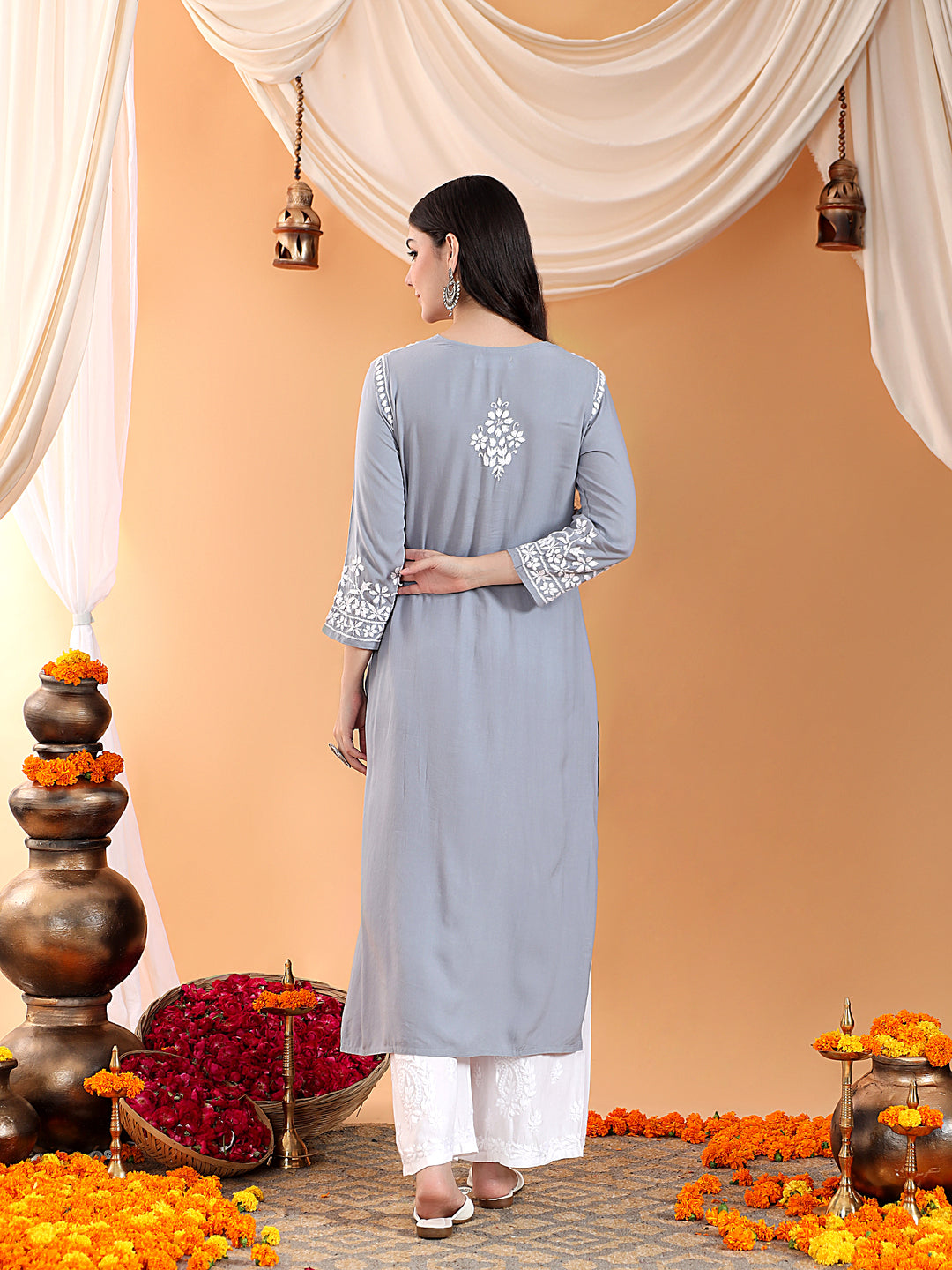 Maya Chikankari Rayon V-neck Straight Kurta