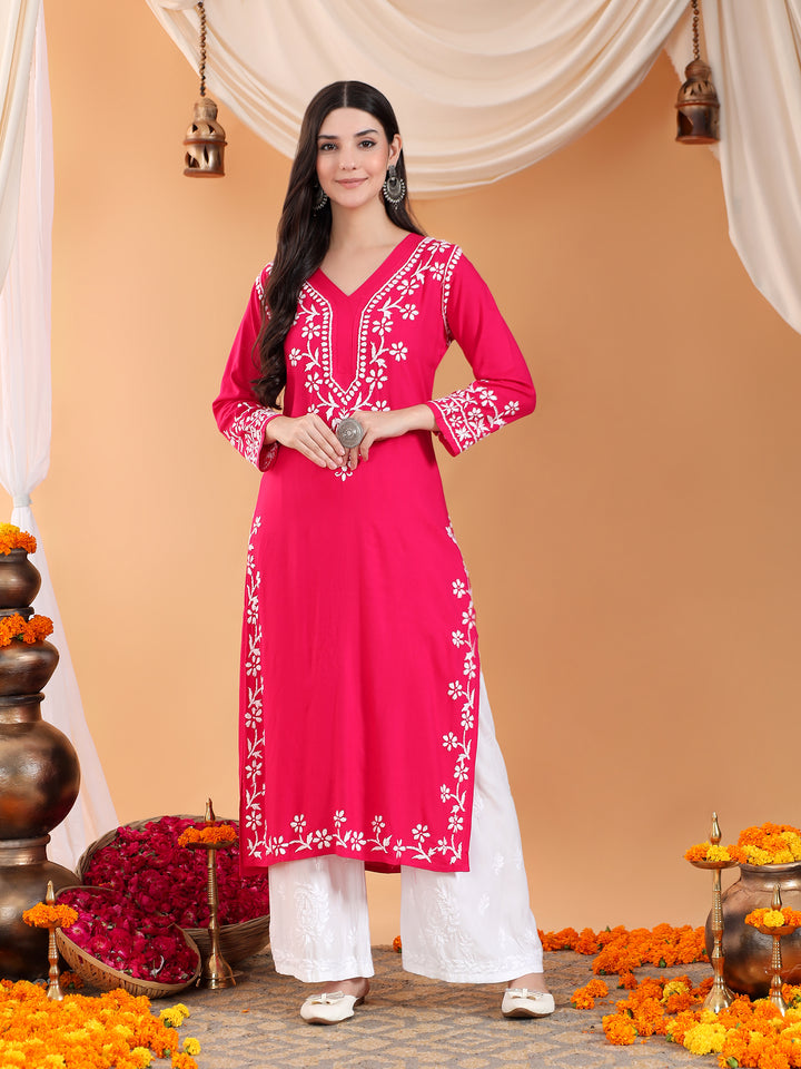 Maya Chikankari Rayon V-neck Straight Kurta