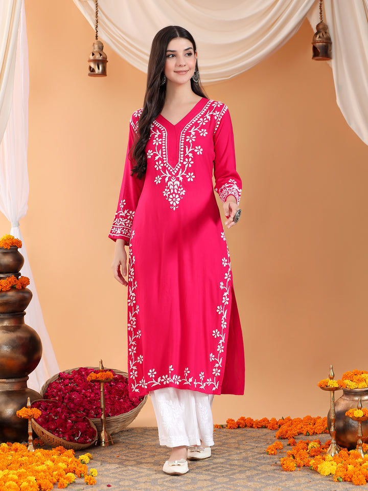 Maya Chikankari Rayon V-neck Straight Kurta