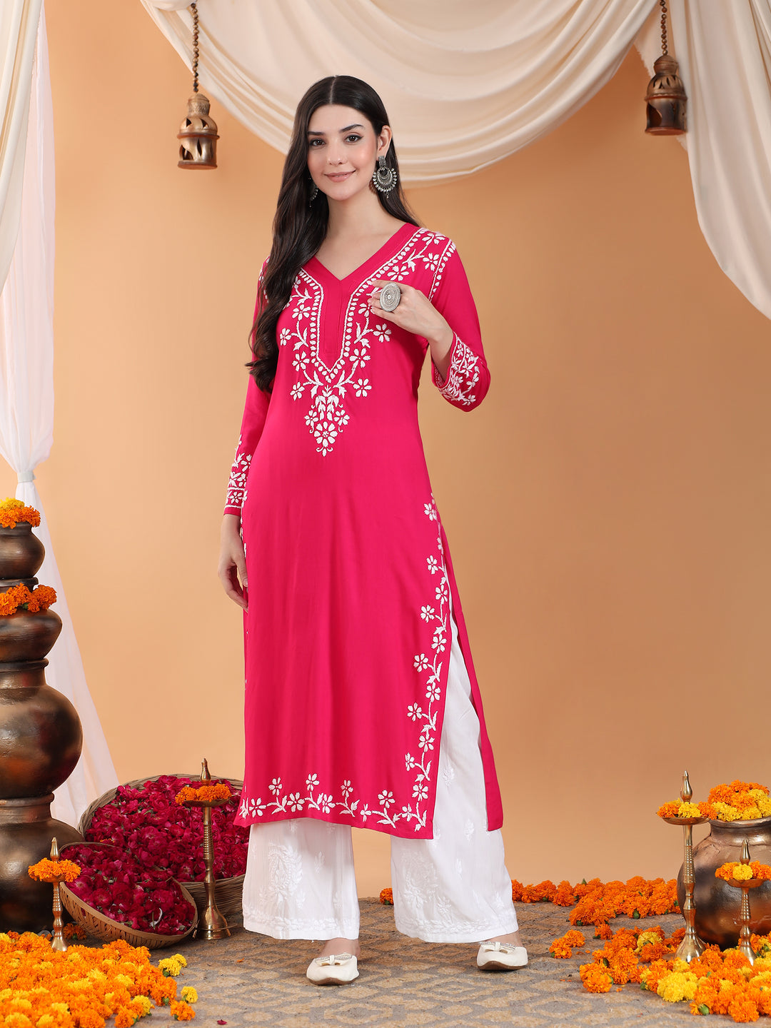 Maya Chikankari Rayon V-neck Straight Kurta