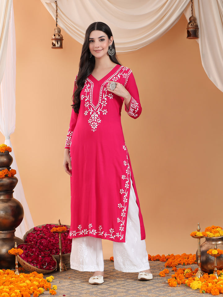 Maya Chikankari Rayon V-neck Straight Kurta