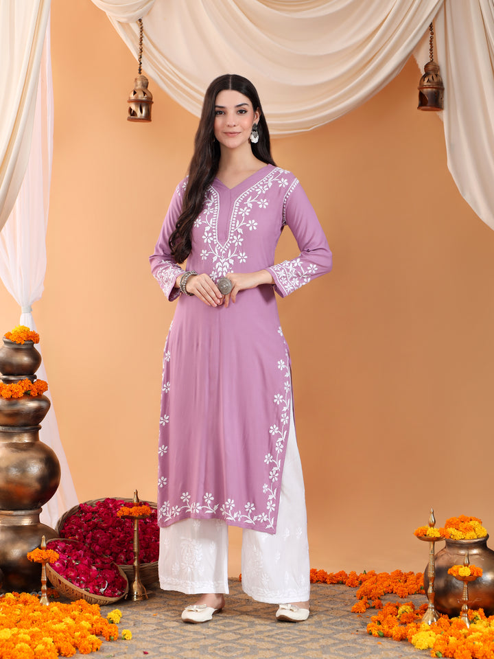 Maya Chikankari Rayon V-neck Straight Kurta