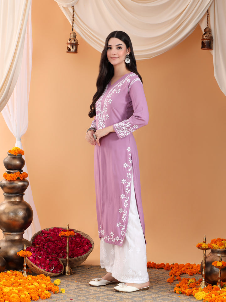 Maya Chikankari Rayon V-neck Straight Kurta