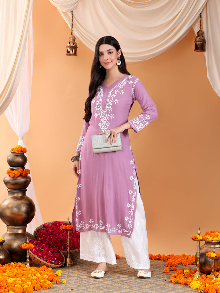Maya Chikankari Rayon V-neck Straight Kurta