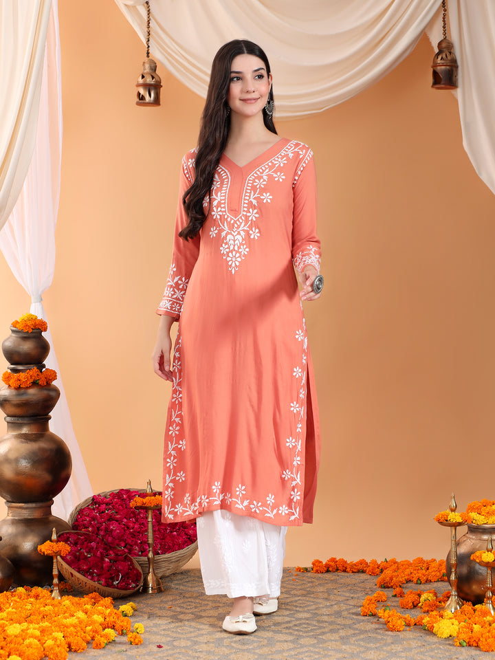 Maya Chikankari Rayon V-neck Straight Kurta