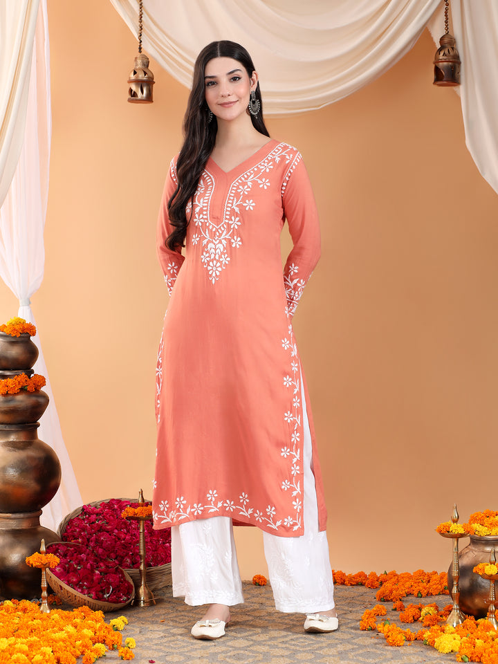 Maya Chikankari Rayon V-neck Straight Kurta