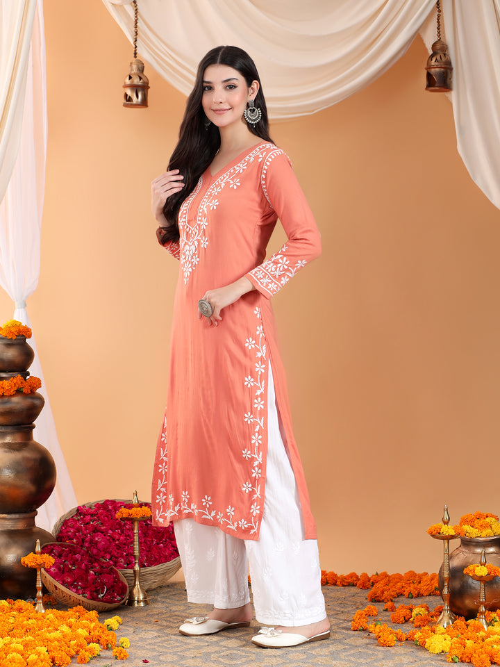 Maya Chikankari Rayon V-neck Straight Kurta