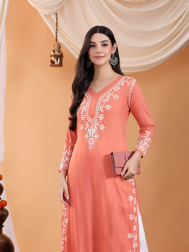 Maya Chikankari Rayon V-neck Straight Kurta
