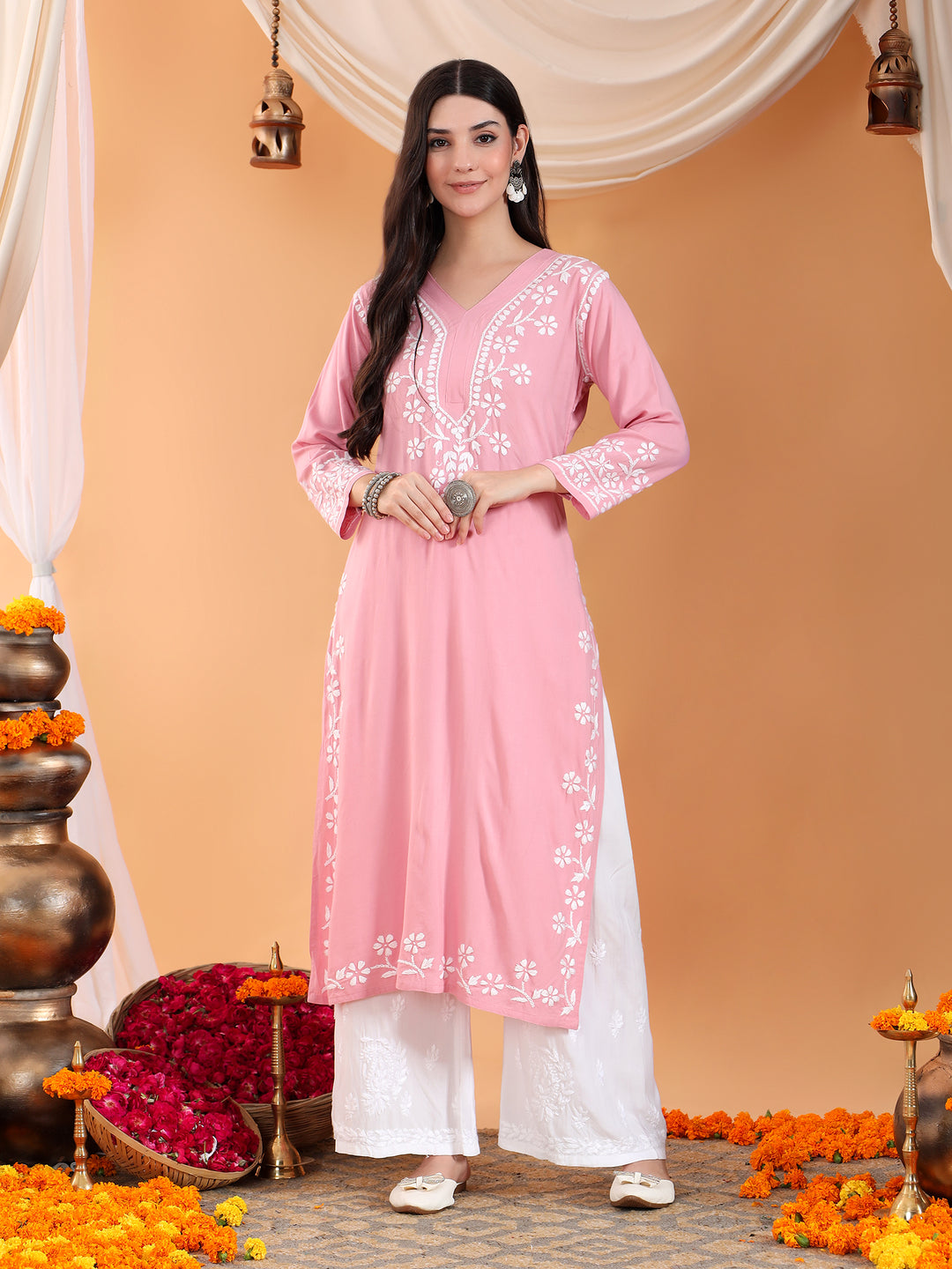 Maya Chikankari Rayon V-neck Straight Kurta