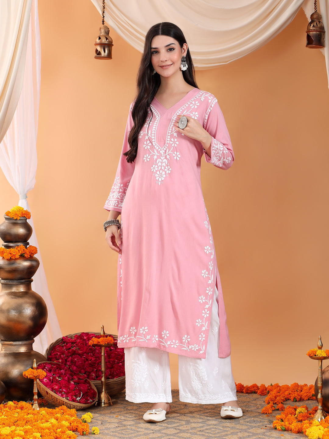 Maya Chikankari Rayon V-neck Straight Kurta